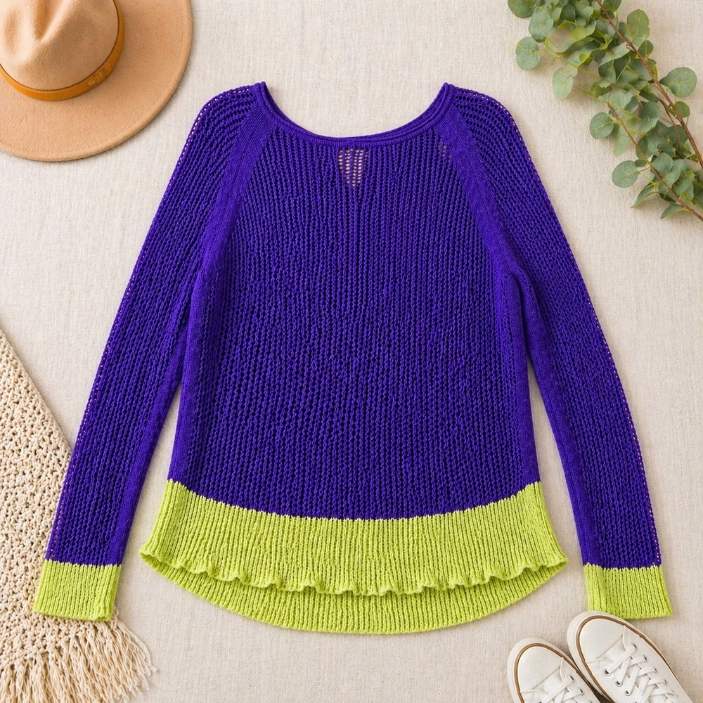 Soft Surroundings Linen Blend Open Knit Sweater Purple Lime Green Split Back S